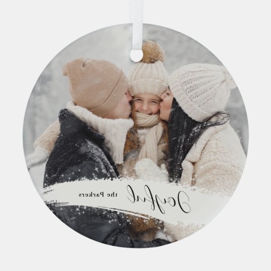 Modern Joyful Script met Snowy Brushstroke Photo Glas Ornament (Achterkant)