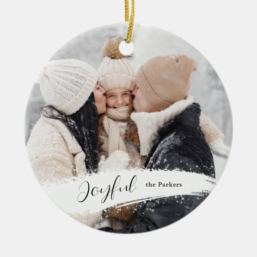 Modern Joyful Script met Snowy Brushstroke Photo Keramisch Ornament (Voorkant)