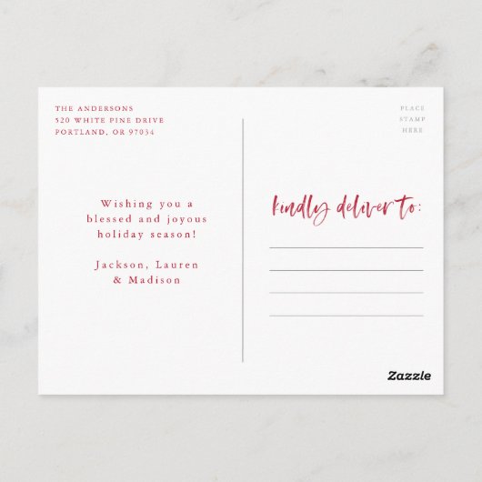 Modern Joyful Script Red Holiday Foto Briefkaart (Achterkant)