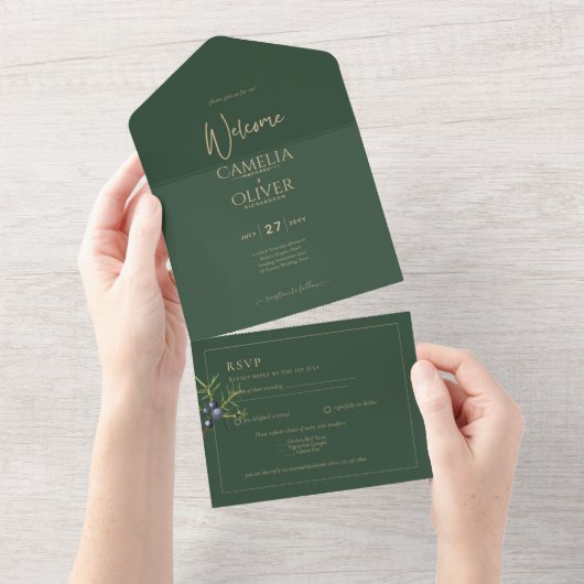 Modern JUNIPER Green GOLD Wedding Invite All In One Uitnodiging (Afscheurbaar)