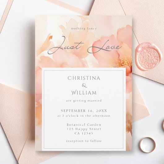 Modern Just Love Peach Floral Wedding Kaart