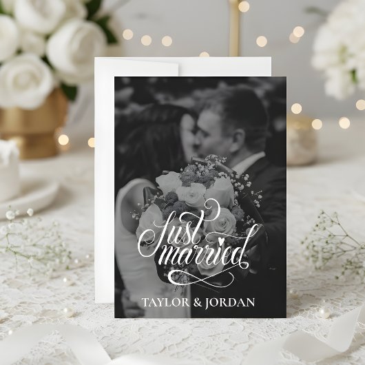Modern Just Married Photo Custom Wedding Thank You Aankondiging