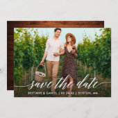 Modern kalligrafie script rustieke hout foto save the date (Voorkant / Achterkant)