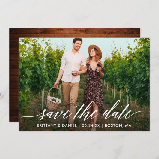 Modern kalligrafie script rustieke hout foto save the date (Voorkant / Achterkant)