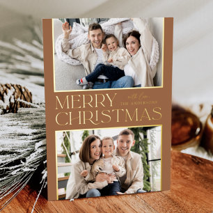 Modern Kerst 2 Foto Toffee en Goud Folie Feestdagenkaart