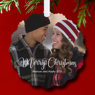 Modern Kerst Elegant Wit Script Foto Gift Ornament Kaart