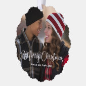 Modern Kerst Elegant Wit Script Foto Gift Ornament Kaart (Links)