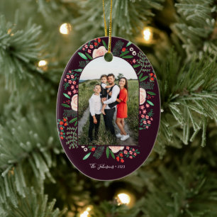 Modern Kerst Frame Bloemstuk Merry Christmas Foto Keramisch Ornament