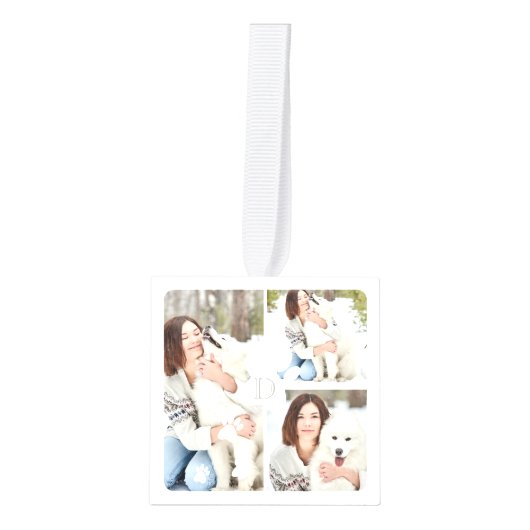 Modern Kerst Huisdier Monogram Vier Fotocollage Kubus Ornament (Voorkant)