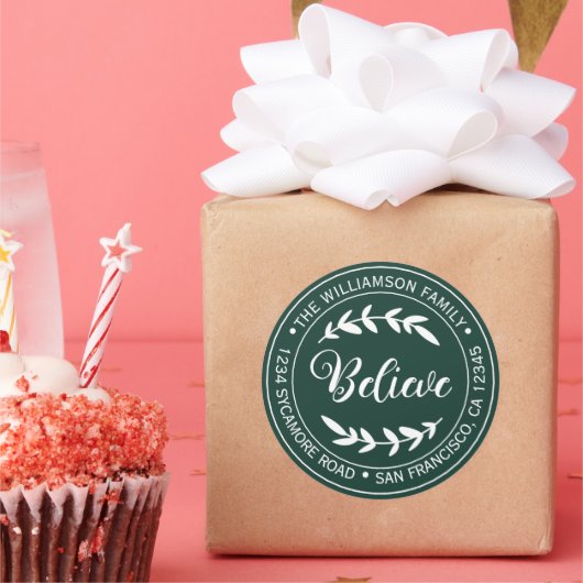 Modern Kerstmis Geloof Retouradres Groen Ronde Sticker (Feest)