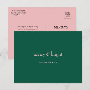 Modern Kerstmis Merry & Bright Groen & Roze  Feestdagenkaart