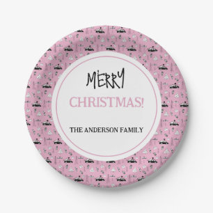 Modern Kerstmis Zwart-wit Patroon op Roze Papieren Bordje