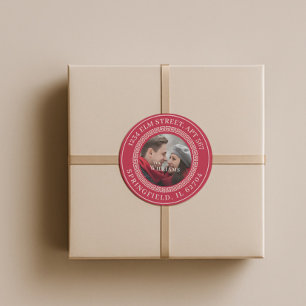 Modern kerstpaar foto retour adreslabel ronde sticker