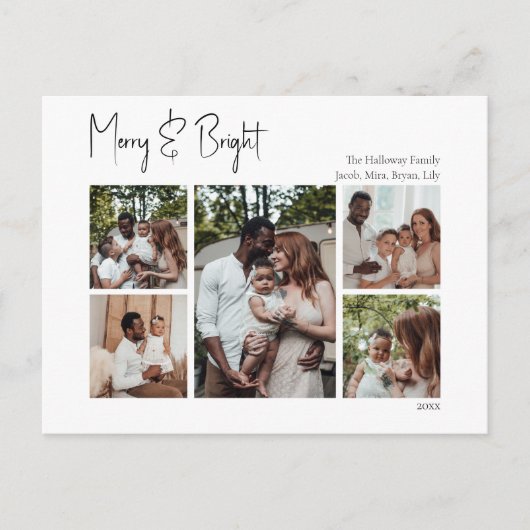 Modern kerstscript, Merry & Bright Five Photo Feestdagenkaart (Voorkant)