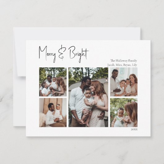 Modern kerstscript, Merry & Bright Five Photo Feestdagenkaart (Voorkant)