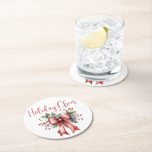Modern kerstvakantie Cheer Script Red Bow Ronde Kartonnen Onderzetter (Insitu)