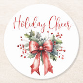 Modern kerstvakantie Cheer Script Red Bow Ronde Kartonnen Onderzetter (Voorkant)