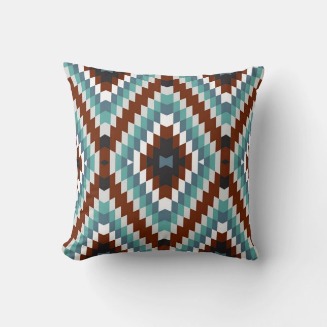 Modern Kilim Pattern Rust and Aqua Kussen (Voorkant)