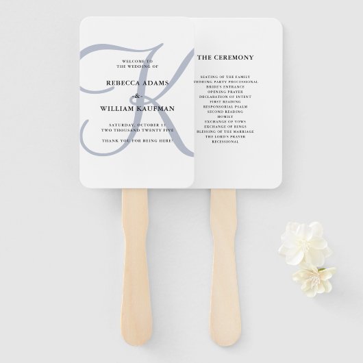 Modern Klassiek Monogram Dusty Blue | Bruiloft Handwaaier (Voorkant en achterkant)