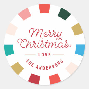 Modern kleurrijk dambord Vrolijk kerstfeest Ronde Sticker