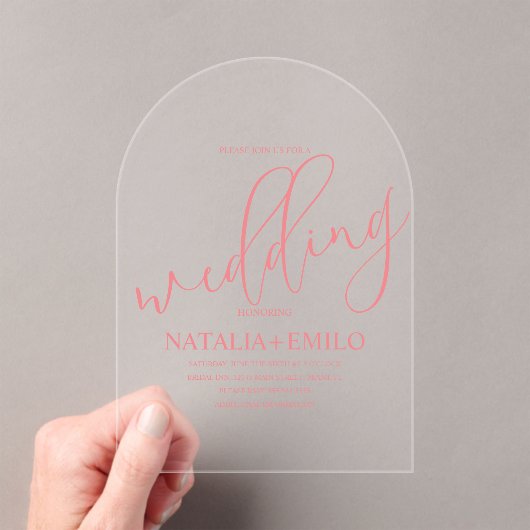 Modern koraal gedempt script minimale bruiloft acryl uitnodigingen (Insitu (Draagbaar))
