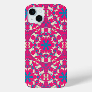 Modern koraal rood Pug patroon iPhone 15 Mini Hoesje