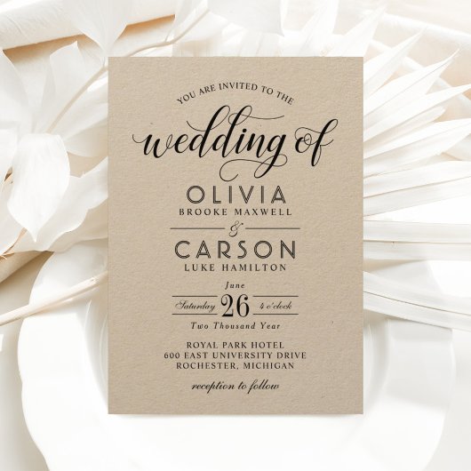 Modern Kraft and Black Script Wedding Kaart