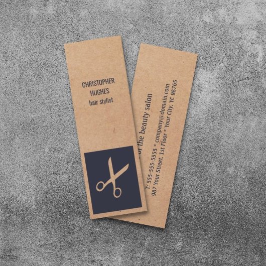 Modern Kraft Paper Blue Scissor Hair Stylist Mini Visitekaartje
