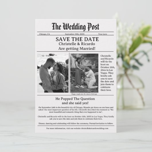 Modern krant bruiloft houd de datum vrij kaart (Staand voorkant)