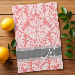 Modern Lace Damask Pattern - Coral and Grey Theedoek