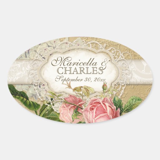 Modern Lace Tea Sined Hydrangea n Rozen Ovale Sticker (Voorkant)