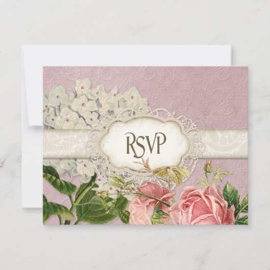 Modern  Lace Tea Sined Hydrangea n Rozen RSVP Kaartje (Voorkant)