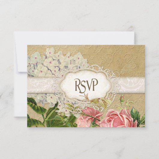 Modern  Lace Tea Sined Hydrangea n Rozen RSVP Kaartje (Voorkant)