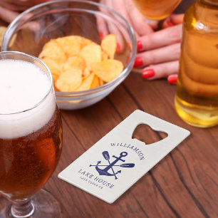 Modern Lake House familienaam nautisch   marinebla Kredietkaart Flessenopener