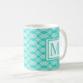 Modern Lattice Geo Monogram Turquoise & White Koffiemok (Voorkant rechts)