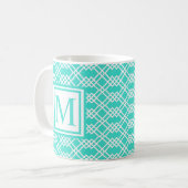 Modern Lattice Geo Monogram Turquoise & White Koffiemok (Voorkant links)