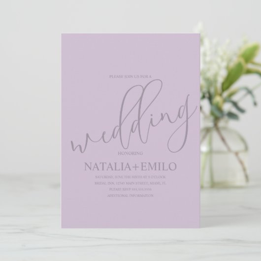 Modern Lavender Muted Script Minimal Wedding Kaart (Staand voorkant)