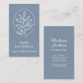 Modern Leaf Logo Botanical Simple Neutral Blue Visitekaartje (Voorkant / Achterkant)