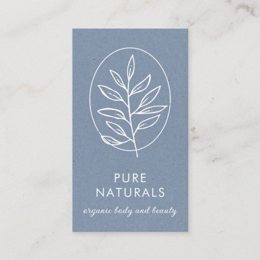 Modern Leaf Logo Botanical Simple Neutral Blue Visitekaartje (Voorkant)