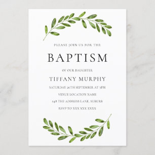 Modern Leaf Wreath Boy Girl Baptism Invitation Kaart