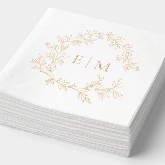 Modern Leafy Crest Eenvoudige Monogrammed Wedding Folie Servetten (Detail)