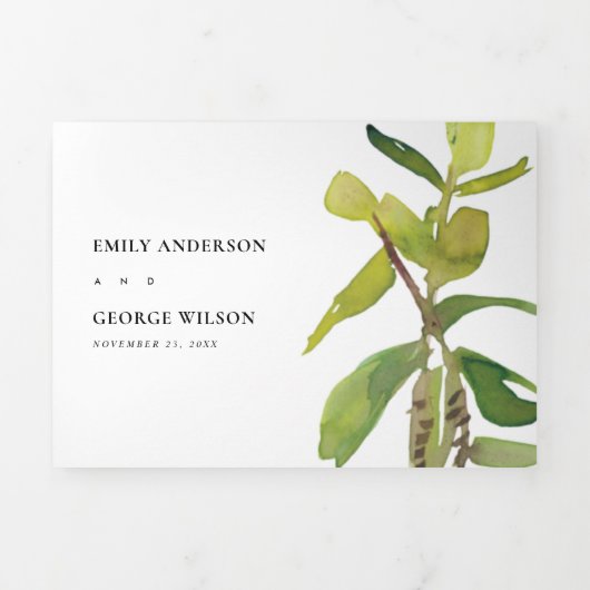 MODERN LEAFY FAUNA GREEN BLACK WATERVERF WEDING DRIELUIK UITNODIGING (Cover)