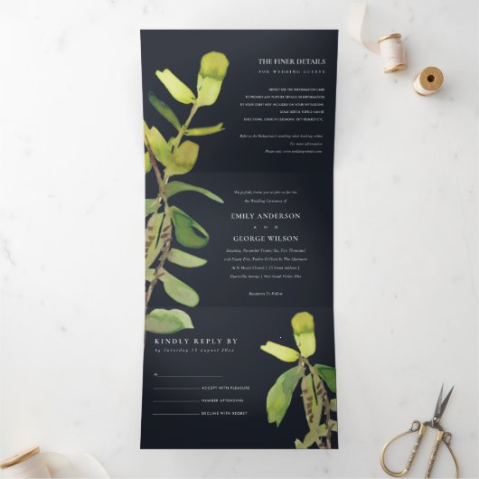 MODERN LEAFY FAUNA GREEN BLACK WATERVERF WEDING DRIELUIK UITNODIGING (Binnen)