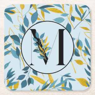 Modern Leaves Blue Gold "Letter M" Vierkante Kartonnen Onderzetter