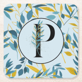 Modern Leaves Blue Gold "Letter P" Vierkante Kartonnen Onderzetter