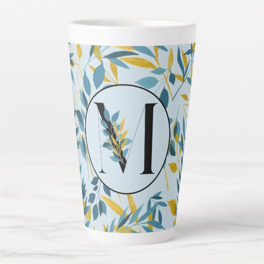 Modern Leaves Navy Blue Gold "Letter M" Latte Mok (Voorkant)