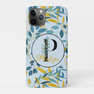 Modern Leaves Navy Gold Monogram "Letter P" iPhone 11 Pro Hoesje