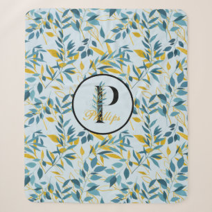 Modern Leaves Navy Gold Monogram "Letter P" Sherpa Deken