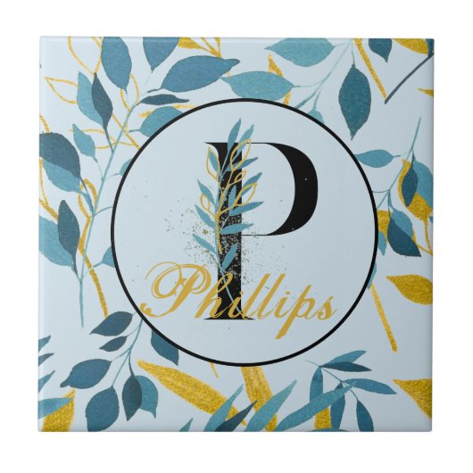 Modern Leaves Navy Gold Monogram "Letter P" Tegeltje (Voorkant)