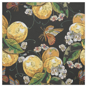 Modern Lemon Citrus Floral Butterfly Pattern Stof